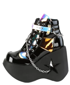 Pleasers Demonia Star Cutout Platform Wedge Side Lace-Up Ankle Boot Vinyl