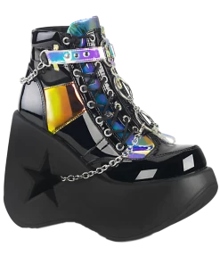 Pleasers Demonia Star Cutout Platform Wedge Side Lace-Up Ankle Boot Vinyl