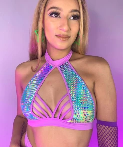 Roma Womens Astro Candy Halter Neck Top Cropped Top With Strap Detail