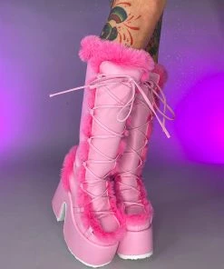Pleasers Demonia Pink Furry Winter Faux Fur Boots Shoes
