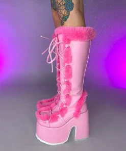 Pleasers Demonia Pink Furry Winter Faux Fur Boots Shoes