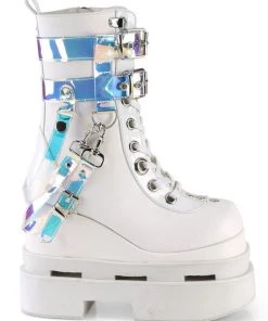 Pleasers Demonia White Triple Tiered Wedge Cutout PF Lace-Up Front Mid-Calf Boot