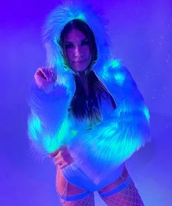 J. Valentine White Furry Green LED Cropped Hooded Rave Jacket