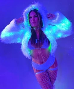 J. Valentine White Furry Green LED Cropped Hooded Rave Jacket