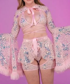 J. Valentine Pink Blush Sequin Fur-Trimmed Shrug New