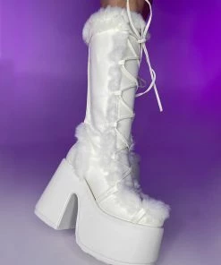 Pleasers Shoes Demonia White Furry Winter Faux Fur Boots