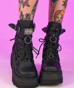 Pleasers Shoes Demonia Shaker Black Vegan Wedge Platform