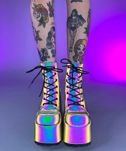 Pleasers Shoes Demonia Rainbow Reflective Platform Bootie