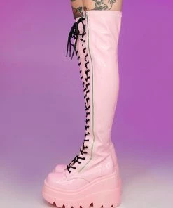 Pleasers Demonia Shaker Pink Lace-Up Thigh High Boots