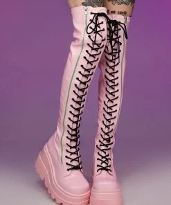 Pleasers Demonia Shaker Pink Lace-Up Thigh High Boots