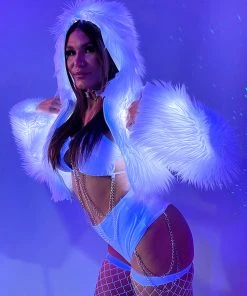 J. Valentine White Furry White LED Cropped Hooded Rave Jacket