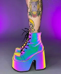 Pleasers Shoes Demonia Rainbow Reflective Platform Bootie
