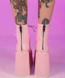 Pleasers Shoes Demonia Holo Pink Lace-Up Ankle Boot