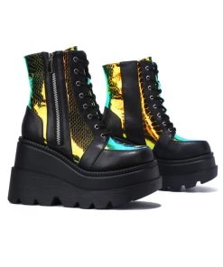 AE Golden Viper Black Platform Boots Womens