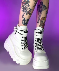 Pleasers Demonia White Stacked Wedge Platform Ankle Boots Shoes