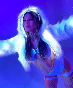 J. Valentine White Furry Blue LED Cropped Hooded Rave Jacket New