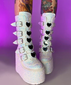Pleasers Demonia White Multi Glitter Platform Mid-Calf Boots 17 Pleasers Demonia White Multi Glitter Platform Mid-Calf Boots