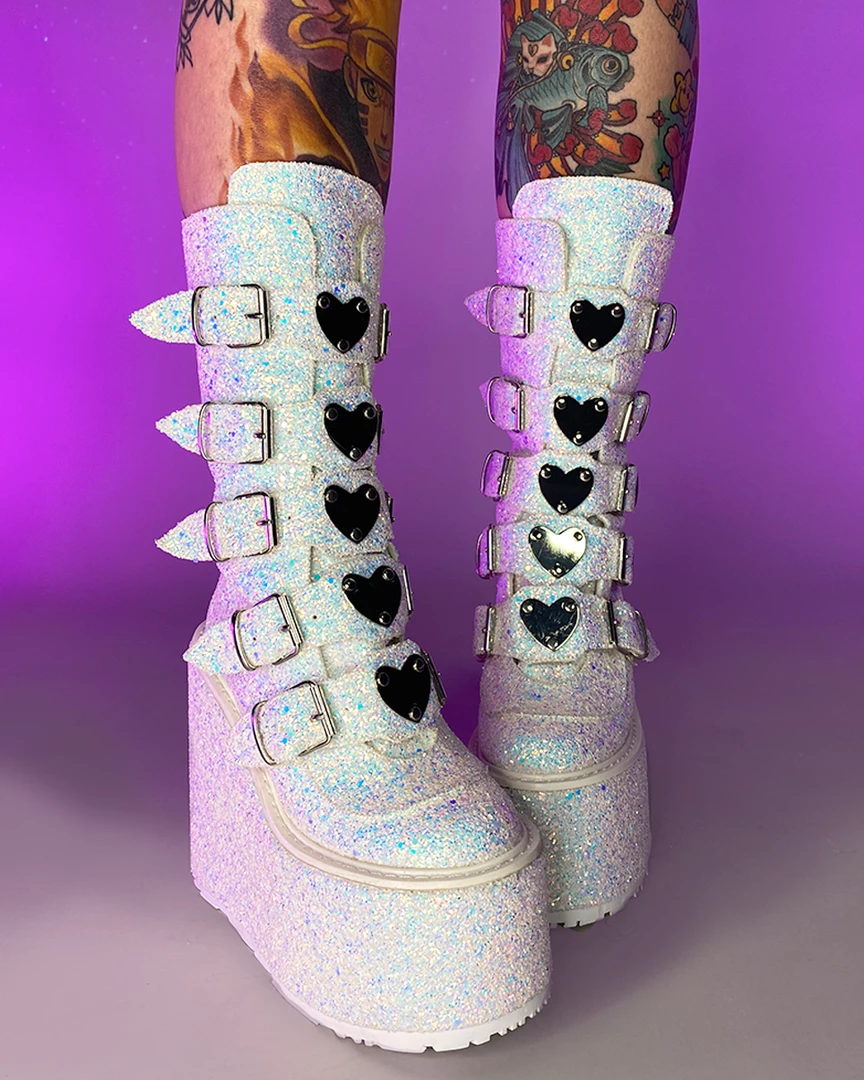 Pleasers Demonia White Multi Glitter Platform Mid-Calf Boots 8 Pleasers Demonia White Multi Glitter Platform Mid-Calf Boots