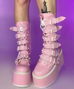 Pleasers Demonia Holo Pink Damned Mid-Calf Boots Shoes