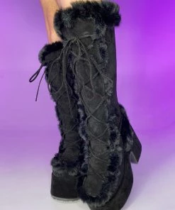 Pleasers Demonia Black Furry Winter Faux Fur Boots