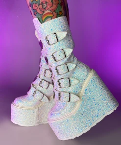Pleasers Demonia White Multi Glitter Platform Mid-Calf Boots 18 Pleasers Demonia White Multi Glitter Platform Mid-Calf Boots