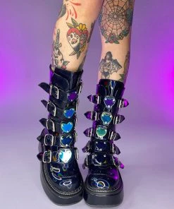 Pleasers Shoes Demonia Emily Holo Black Heart-Buckle Boots