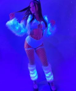 J. Valentine White Furry Blue LED Cropped Hooded Rave Jacket New
