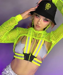 AE New Neon Green Fishnet Hooded Shrug