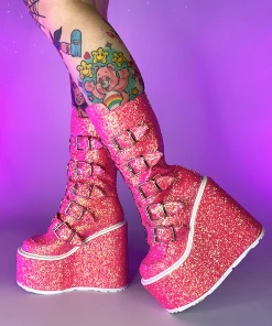 Pleasers Demonia Pink Glitter Platform Mid-Calf Boots Shoes