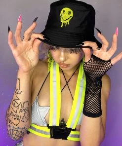 Jarmoo Womens Rave Wonderland Neon Yellow Melting Smiley Bucket Hat