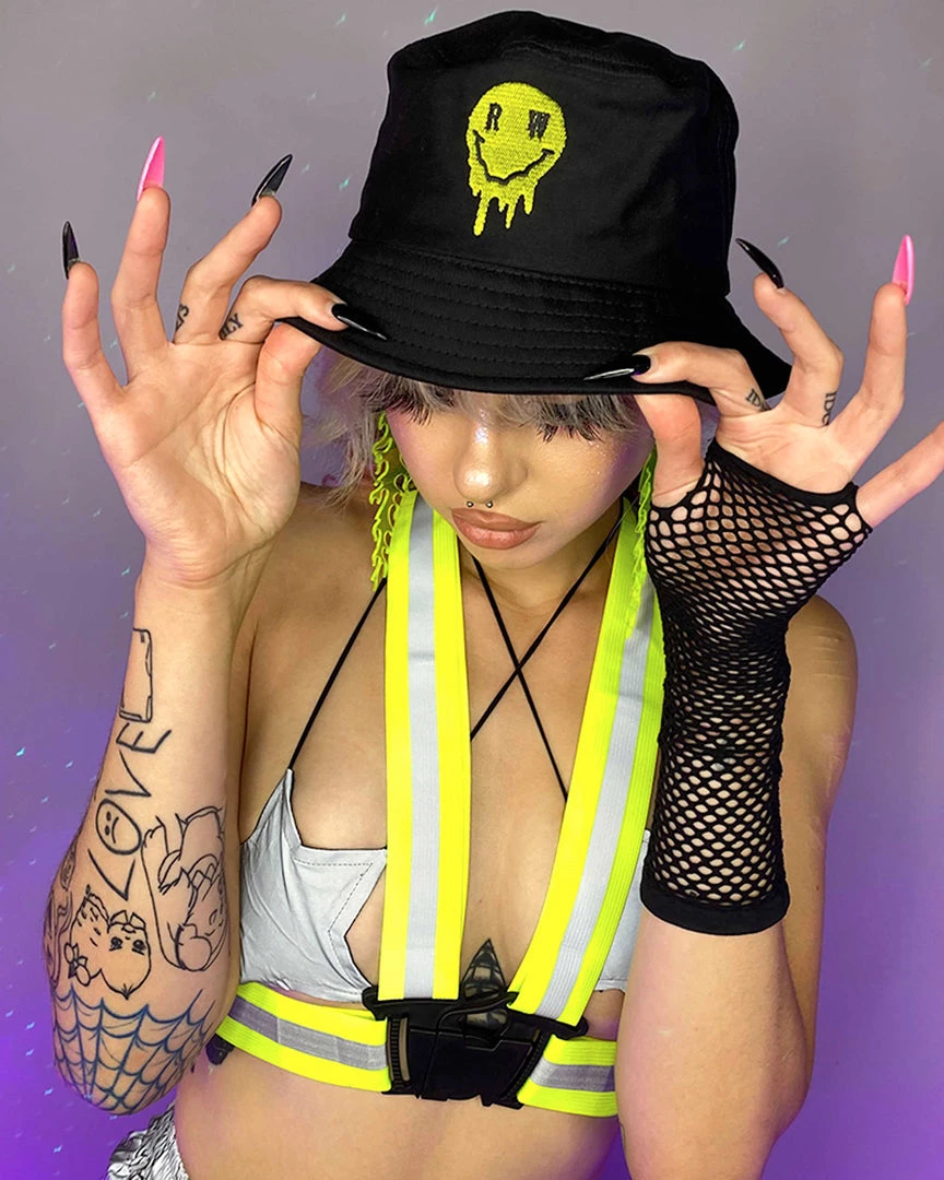 Jarmoo Womens Rave Wonderland Neon Yellow Melting Smiley Bucket Hat 1 Jarmoo Womens Rave Wonderland Neon Yellow Melting Smiley Bucket Hat