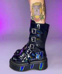 Pleasers Shoes Demonia Emily Holo Black Heart-Buckle Boots