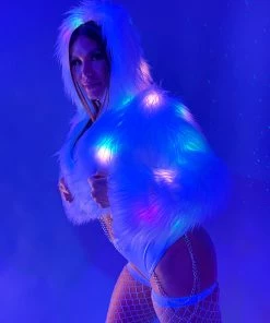 J. Valentine New White Furry Multi-Colored LED Cropped Hooded Rave Jacket