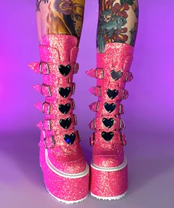 Pleasers Demonia Pink Glitter Platform Mid-Calf Boots Shoes
