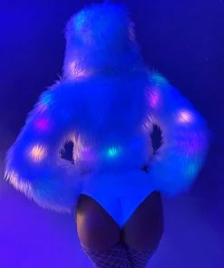 J. Valentine New White Furry Multi-Colored LED Cropped Hooded Rave Jacket