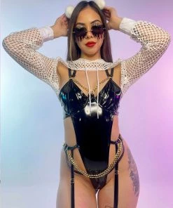 Forplay Chain Of Command Black Vinyl Bodysuit New