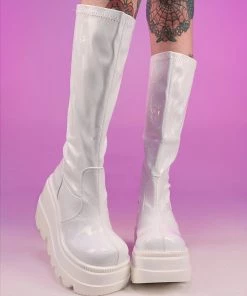Pleasers Demonia Shaker White Holo Knee High Boots Shoes