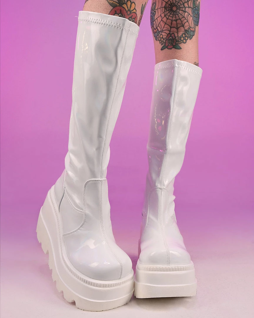 Pleasers Demonia Shaker White Holo Knee High Boots Shoes 1 Pleasers Demonia Shaker White Holo Knee High Boots Shoes