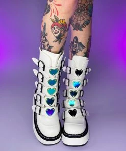 Pleasers Shoes Demonia Emily White Heart-Buckle Boots