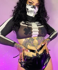 Leg Avenue Skeletons And Bones Neck Mesh Long Sleeve Rave Crop Top