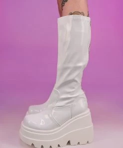 Pleasers Demonia Shaker White Holo Knee High Boots Shoes