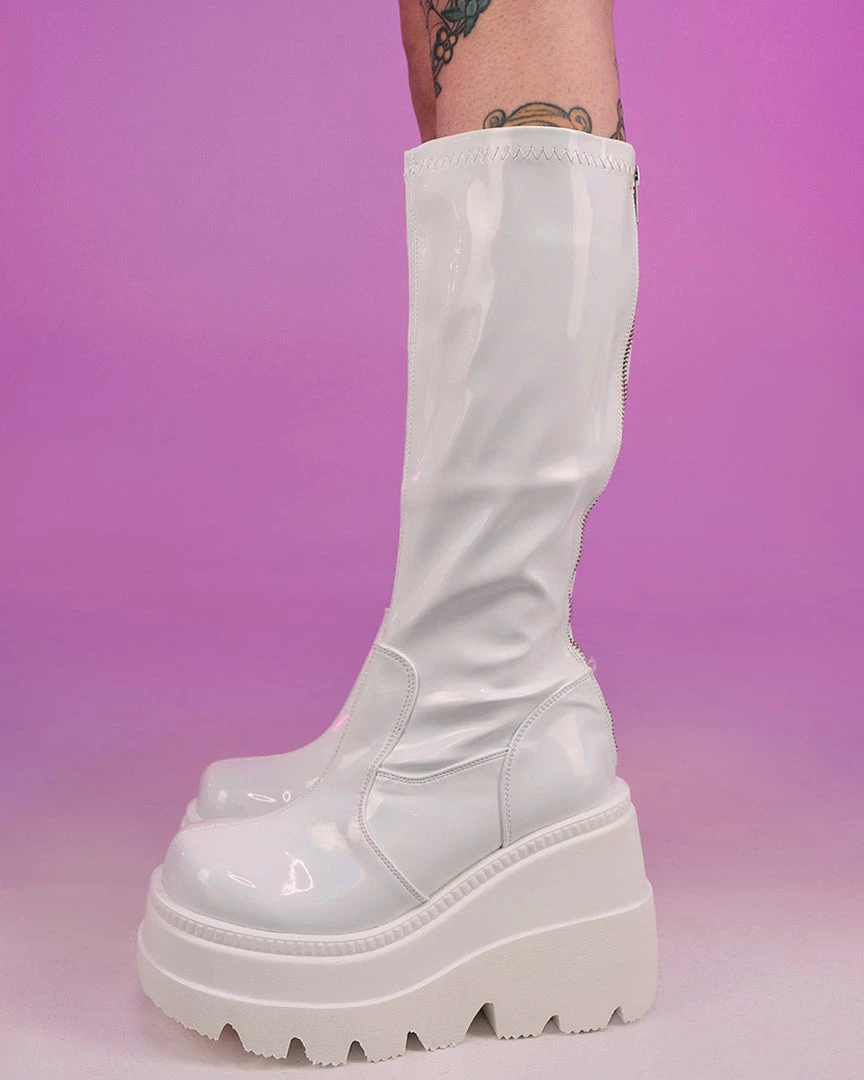 Pleasers Demonia Shaker White Holo Knee High Boots Shoes 2 Pleasers Demonia Shaker White Holo Knee High Boots Shoes