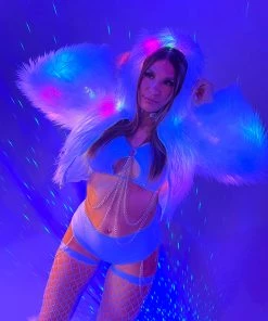 J. Valentine New White Furry Multi-Colored LED Cropped Hooded Rave Jacket