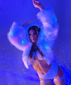 J. Valentine New White Furry Multi-Colored LED Cropped Hooded Rave Jacket