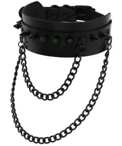 AE Spike Faux Leather Choker With Hanging Chains