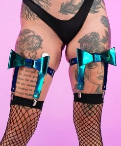 Daisy's Corsets Teal/Blue Holo Bow Leg Garters