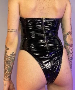 AE New Hug Me Tight Black Vinyl PU High Cut Bodysuit