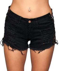 Be Wicked Womens Black Side Lace-Up Denim Shorts