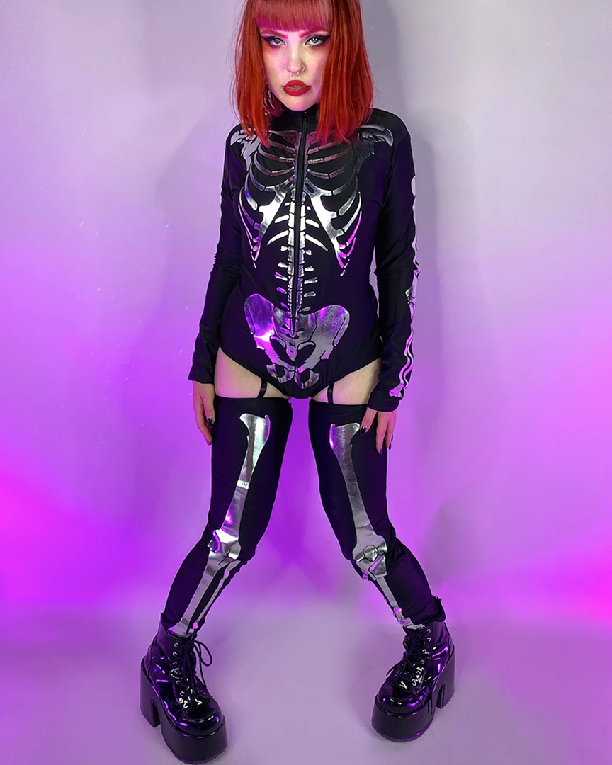 Forplay Silver Metallic Long Sleeve Skeleton Bodysuit & Thigh Highs Costume 2 Forplay Silver Metallic Long Sleeve Skeleton Bodysuit & Thigh Highs Costume