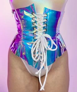 J. Valentine Pink Ice/White Vinyl Holographic Corset Waist Cincher New